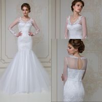 Wholesale Custom Made Mermaid Jewel Floor Length White Organza Long Sleeve Wedding Dresses Appliques Lace Zipper Back Most Popular Bridal Gowns