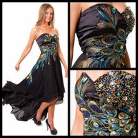 Wholesale Attractive Black High Low Evening Dresses Sweetheart Peacock Embroidery Beaded Chiffon Short Front Long Back Womens Formal Prom Gowns