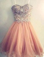 Wholesale 2016 Popular Homecoming Dresses Spaghetti Strap Tulle Beaded Short Coral Prom Dress Short Junior Senior Homecoming Dress