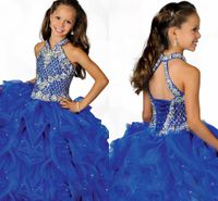 Wholesale 2020 Glamorous Halter High Neckline Beaded Straps Beading Little Girls Pageant Dress Pleated Blue Organza Flower Girls Dress HY1188