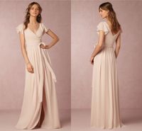 Wholesale 2021 Bridesmaid Dresses Cheap A Line V Neck Short Sleeve Split Chiffon Nude Pink Maid Honor Special Occasion Dresses For Wedding