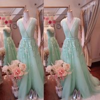 Wholesale Real Picture Elie Saab Evening Gowns Stunning A Line Surplice V Neck Beading Top Appliques Soft Tulle Mint Green Prom Dresses Long