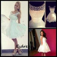 Wholesale In Stock Little White Cocktail Party Dresses Sheer Neck Pearls Lace Appliques Short Prom formal Gowns Beach Summer Cheap