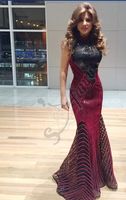 Wholesale 2021 New Red Pearls Black Sequins Fabric Prom Dresses Evening Formal Gowns With Scoop Beaded Crystal Sequins Sheer Neckline Tulle Long