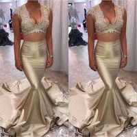 Wholesale New Champagne Gold Mermaid Evening Dresses Sexy V Neck Lace Top Satin Long Two Pieces Prom Gowns Custom Made China EN11024