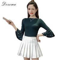 Wholesale Spring Summer Women pearl Knitted Sweater Solid Beads Trumpet Three Quarter Sleeves Girls Sweater Pullover Knitted tops tee