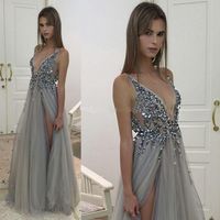 Wholesale 2019 Sexy V Neck Silver Gray Evening Dresses Illusion Bodice Sequins Beaded Tulle Split Backless Berta Prom Dresses Evening Party Dresses