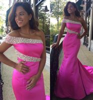 Wholesale Hot Pink One Shoulder Prom Dresses Beaded Mermaid Evening Gowns Back Zipper Peplum Sweep Train Custom Made Vestidos De Novia Beautiful