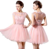 Wholesale Cute Pink Short Prom Dresses Cheap A Line Mini Tulle Lace Beads Cap Sleeves Bateau Neck Junior th Grade Homecoming Dress Party Dresses