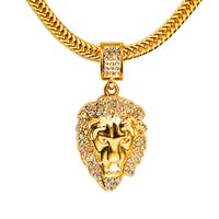 Wholesale High quality K Gold Plated mens Hip hop Lion head Iced Out crystal Rhinestone necklace Rap Golden Pendant Lion kings snake Chain Necklace