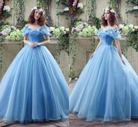 Wholesale 2018 In Stock Princess Colored Wedding Dresses with Butterfly Crystal Spring Ball Gown Off Shoulder Light Sky Blue Cinderella Bridal Gowns