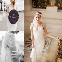 Wholesale Romantic Casual Style Lace Sheath Wedding Dresses Cap Sleeves Sheer V neck Sweep Train Beaded SEQUINS Sexy Bodice Bohemian Bridal Gowns