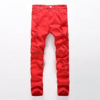 Wholesale Fashion Brand Red White Black Ripped Denim Knee Hole Zipper Biker Jeans Men Slim Skinny Torn Jean Pants Cotton Women Men s