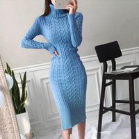 Wholesale Casual Dresses Winter Thicken Turtleneck Sweater Maxi Women Bodycon Knitted Solid Color Plus Size Dress Female Knitwear Vestidos