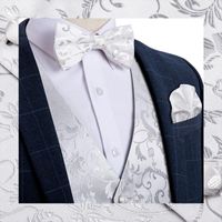 Wholesale Men s Vests V neck Men White Paisley Suit Vest Silk Waistcoat Formal Bowties Cufflinks Pocket Square Set Wedding J Barry wang Male