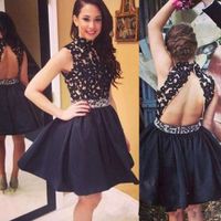 Wholesale High Neck Black Short Homecoming Dresses Above Knee Length A Line Beads Sash Backless Lace Junior Graduation Cocktail Prom Gowns H55