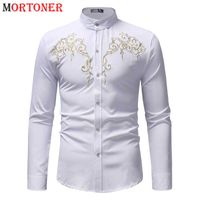 Wholesale Men s Casual Shirts White Banded Collar Mens Dress Brand Slim Fit Long Sleeve Shirt Men Wedding Party Social Top With Embroidery