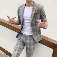 Wholesale Men Clothes Tide Section Youth Men s Lattice Suit Hair Stylist Nightclub Young Short sleeved Two piece Set Suits Blazers