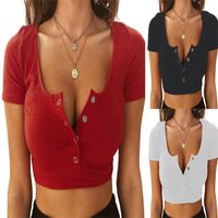 Wholesale 3 colors Shirt new women Designer U neck button open collar summer solid short sleeve tank top T shirt Fashion Sexy casual Clothing