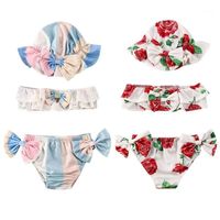 Wholesale Toddler Kid Baby Girl Flower Bikini Set Swimwear Swimsuit Lace Bow Strapless Crop Top Panties Hat Bathing Swim Suits