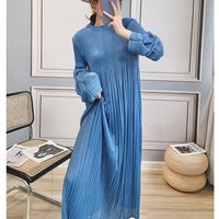 Wholesale Big Yards Fold Dress Female Long Early Spring Miyake Loose Long sleeved Temperament Pleated Casual Dresses