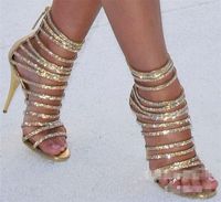 Wholesale Sandals Gold Crystal Thin Strappy Gladiator Sandal Shoes Stiletto Heel Wedding Pumps Rhinestone Cage