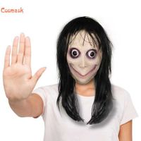 Wholesale Cosmask MOMO Scary Hacking Game Horror Latex Mask Nicro Death Game Scary Mask Halloween Female Ghost Big Eye With Long Wigs Q0806