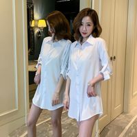 Wholesale Women s Blouses Shirts Sexy Boy Friend Style Long Shirt Womens Sleeve White Button Through Ladies Clothings Adjustable Sleeves Top