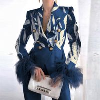 Wholesale Elegant Turn down Collar Lady Suit Tops Casual Feather Patchwork Long Sleeve Coat Women Fashion Double Breasted Jacket Outerwear