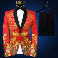 Wholesale Men s Red Shawl Collar Two Piece Gold Embroidery Jacket Black Pants Suits Set Slim Stage Singer Show Costumes Jacket Pants tie Blazers