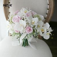 Wholesale Wedding Flowers NZUK Cascade Bridal Bouquet For Bride Real Touch High End Phalaenopsis Orchid Waterfall Brooch