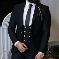 Wholesale 2021 Black Men s Wedding Tuxedos Custom Made Groom Wear For Slim Fit Business Dress Suits Prom Dinner Plus Size Pics Set Jacket Vest Pants Gold Button Birthday Party