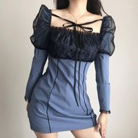 Wholesale Casual Dresses NCLAGEN Women Fashion Square Collar Lace Stitching Lace up Slim fit Hip wrapped Dress Autumn Vestdio Omighty Vintage Soft Gir