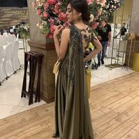 Wholesale Arabic One Shoulder Olive Green Muslim Evening Dress with Cape Long Sleeves Women Prom Party Gowns Formal Dresses Elegant Plus Size
