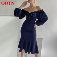 Wholesale OOTN Elegant Off Shoulder Women Summer Dress Long Sleeve Sexy Wedding Party Dresses Ruffle Lace Up Navy Blue Female Midi Dress