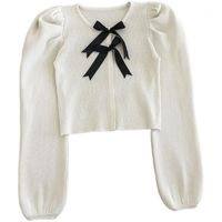 Wholesale Spring Vintage Women Knitted Sweater Korean Fashion Crew Neck Black Ribbed Puff Sleeve Jumper Sweet Elegant Slim Brown Crop Tops