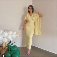 Wholesale Simple Lemon Yellow Silk Satin Evening Party Dresses With Cape Sleeves V Neck Ankle Length Dubai Women Formal Prom Gown