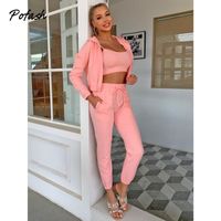 Wholesale Pofash Pink Hooded Pieces Sets Women Tie Long Sleeves Crop Cami Top With Jacket And Pants Zipper Pockets Casual Outfits Women s Track