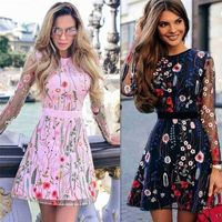 Wholesale Style Mesh Patchwork Pink Flowers See Through Short Dress Birthday Party Celebrate Nightclub Women Embroidery