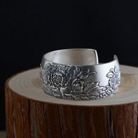 Wholesale Silver Jewelry Sterling Peony Flower Wide Open Bangles Cuff For Women Bangle