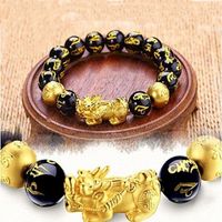 Wholesale Charm Bracelets Feng Shui Obsidian Stone Beads Bracelet Men Women Buddhism Wristband Gold Black Pixiu Wealth Good Luck Gifts