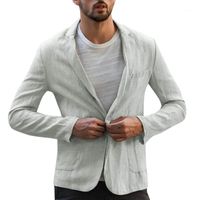 Wholesale Men s Jackets Jacket Light Solid Imitation Suit Slim Linen Blend Pocket Long Sleeve Blazer Coat One Button Outerwear