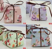 Wholesale Gift Wrap Trapezoid Green Purple Blue Pink Floral Printed Flower Wedding Favors Candy Boxes Party With Ribbons