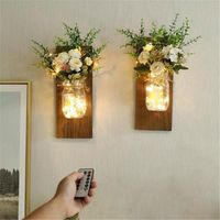 Wholesale Night Lights Decorative Mason Jar Wall Light Remote Green Fake Plant Artificial Flowers LED Copper Strip Design For Home Decor