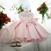 Wholesale Girl s Dresses White Wedding Satin Princess Baby Girls Bead Bow Birthday Evening Party Infant Dress for Girl Gala Kid Clothes Year C0228