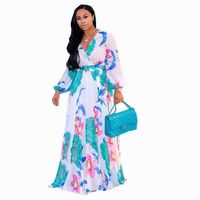 Wholesale European and American foreign trade large V Neck long sleeve dress simple Waist Chiffon Long Skirt spring and summer women s new