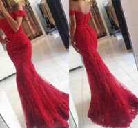 Wholesale New Red Lace Mermaid Prom Dresses veatidos de fiesta off Shoulder Evening Dresses Beaded Appliques Tulle Long Pageant Party Gowns