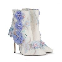 Wholesale Boots US4 Womens Flowers Embroidery DIY Lace Ankle Stilettos High Heel Side Zip Wedding Bridal White Sweet Shoes Plu
