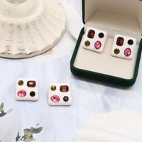 Wholesale Square Trendy Earrings White Enamel Colourful Glass Stone Retro Accessories Gift For Mujer Party Stud