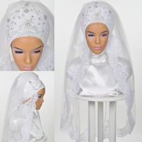 Wholesale Bridal Veils Muslim Wedding For Brides Islamic Hijab Beading Crystals Lace Appliques Edge Elbow Length Head Covering